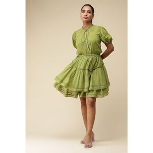 LABEL RITU KUMAR GREEN SOLID TIE UP SHORT DRESS Size Small Puff Sleeve